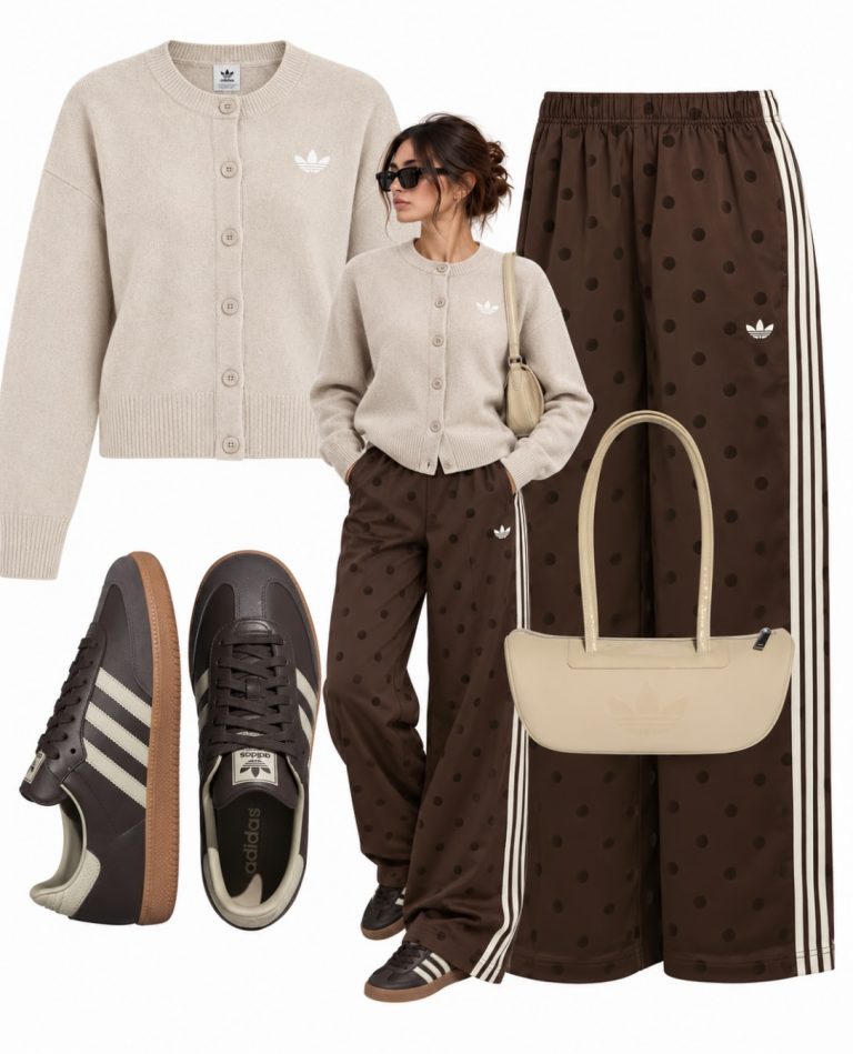 A Cream Cardigan and Chocolate Track Pants with a Playful Print