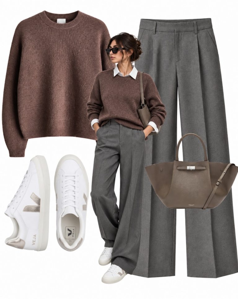 A Brown Sweater and Gray Tailored Trousers with White Sneakers