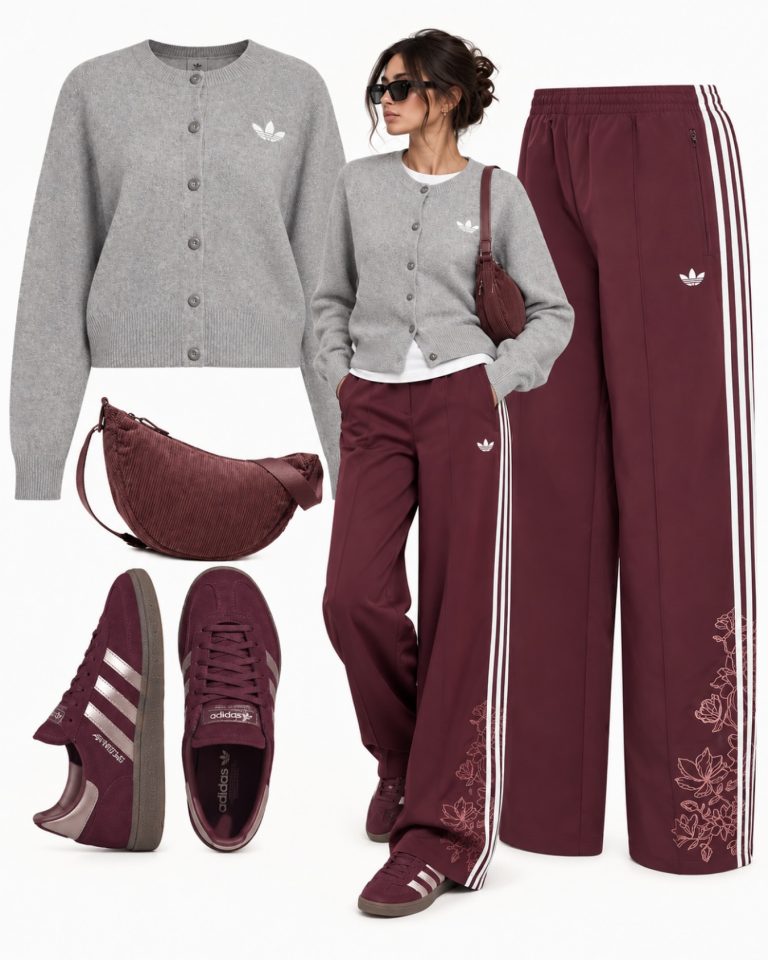A Gray Cardigan with Burgundy Track Pants and Tonal Sneakers