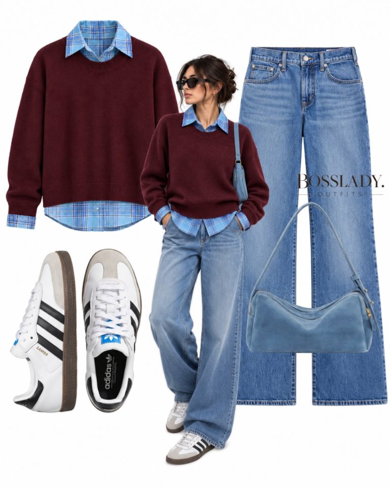 Burgundy Knitwear over a Blue Plaid Shirt and Relaxed Denim