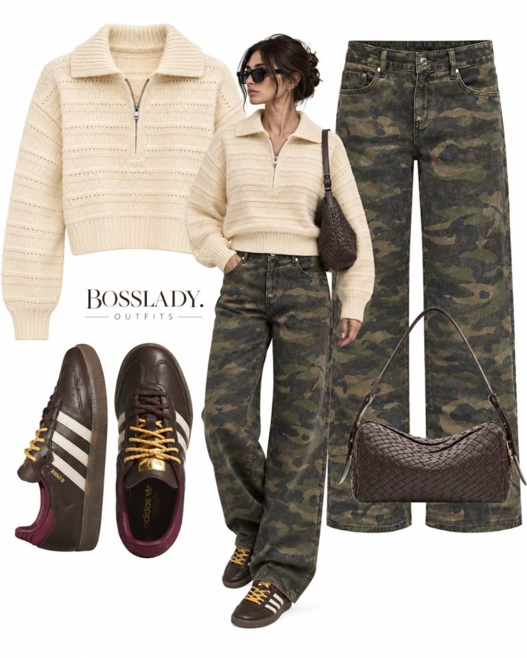A Cream Half-Zip Knit with Camouflage Denim and Brown Accessories