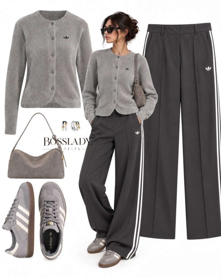 Soft Gray Knitwear and Charcoal Stripe Trousers in a Tonal Palette