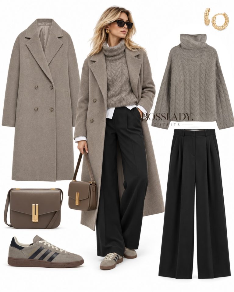 A Taupe Long Coat and Cable Knit with Black Wide-Leg Trousers